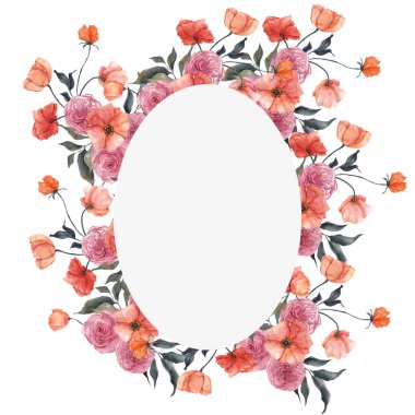 Beyaz arka planda izole edilmiş limon, mandalina ve zarif çiçeklerle suluboya çerçeve