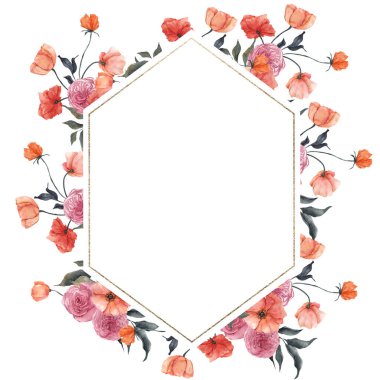 Beyaz arka planda izole edilmiş limon, mandalina ve zarif çiçeklerle suluboya çerçeve