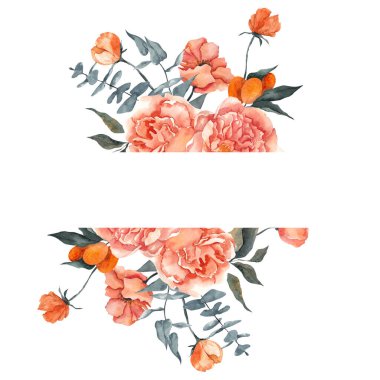 Beyaz arka planda izole edilmiş limon, mandalina ve zarif çiçeklerle suluboya çerçeve