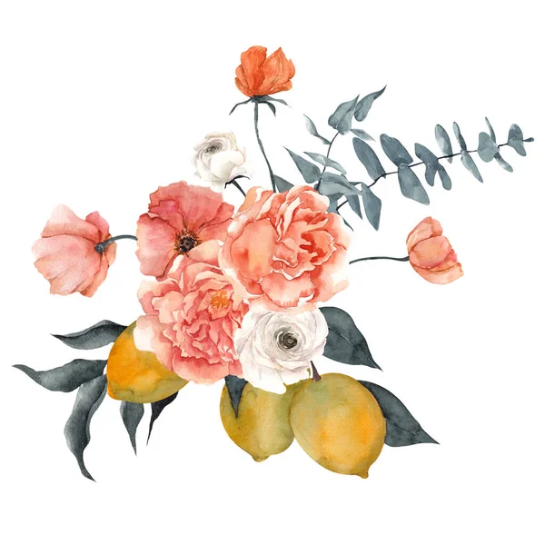 Aquarell Illustration Mit Zarten Blumen Und Zitrusfrüchten Zitrone Mandarine Isoliert — Stockfoto