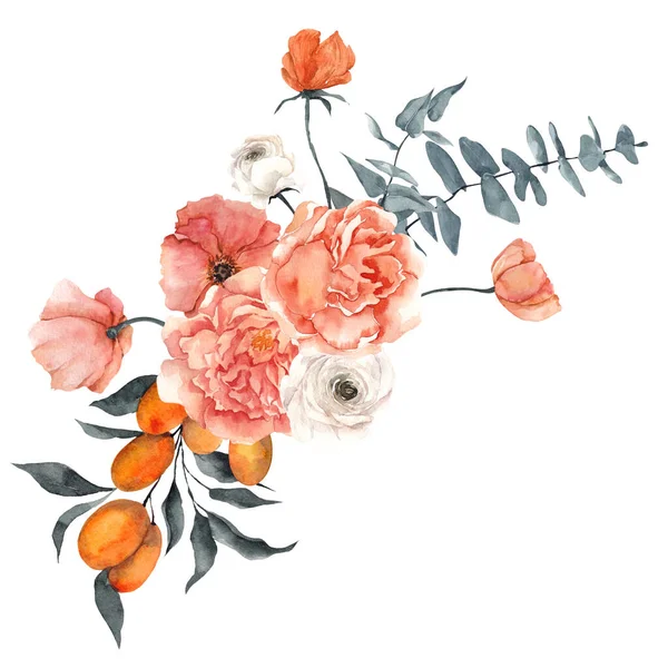 Illustration Aquarelle Avec Fleurs Délicates Agrumes Citron Mandarine Isolé Sur — Photo