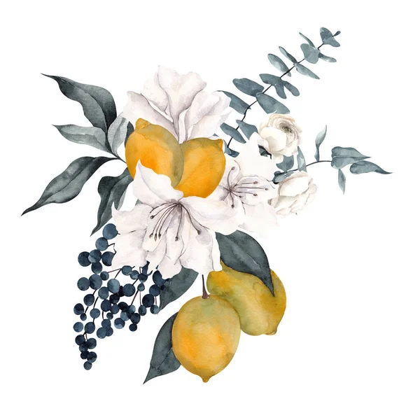 Ilustração Aquarela Com Flores Delicadas Citrinos Limão Tangerina Isolado Sobre — Fotografia de Stock
