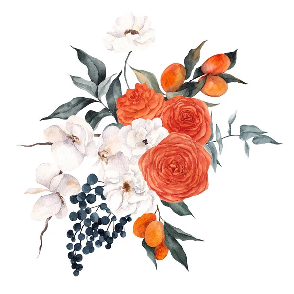 Aquarel Illustratie Met Delicate Bloemen Citrus Citroen Mandarijn Geïsoleerd Witte — Stockfoto