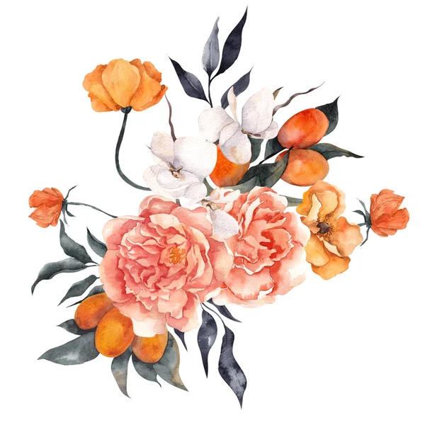 Aquarel Illustratie Met Delicate Bloemen Citrus Citroen Mandarijn Geïsoleerd Witte — Stockfoto