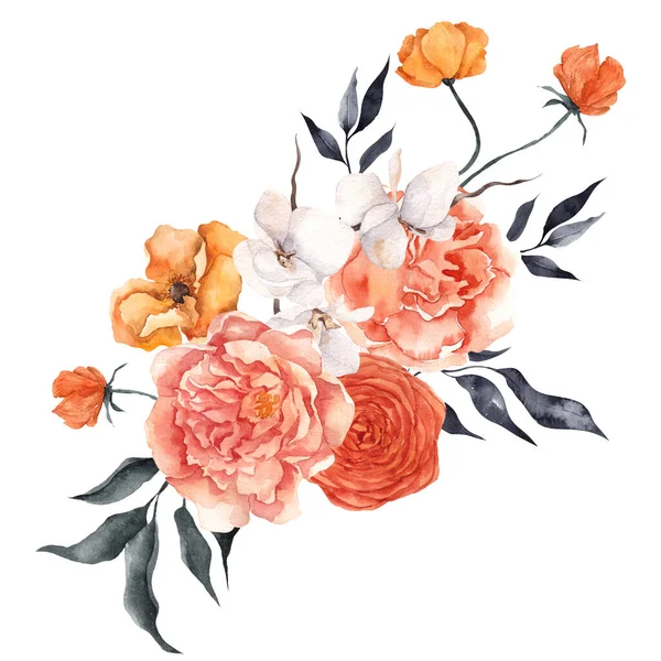 Ilustración Acuarela Con Delicadas Flores Cítricos Limón Mandarina Aislado Sobre — Foto de Stock
