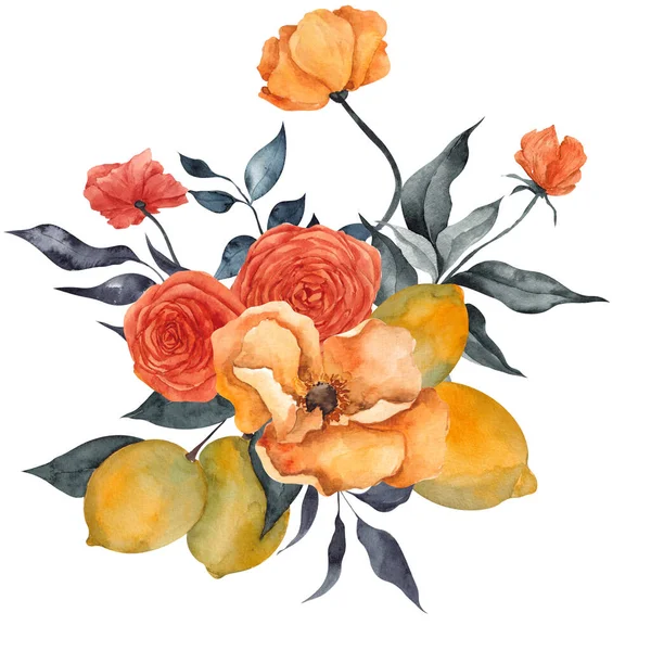 Aquarell Illustration Mit Zarten Blumen Und Zitrusfrüchten Zitrone Mandarine Isoliert — Stockfoto