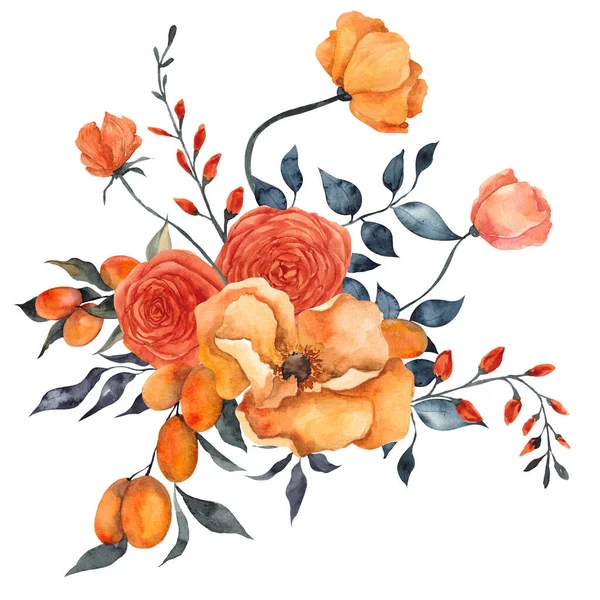 Watercolor Illustration Delicate Flowers Citrus Lemon Tangerine Isolated White Background — Stock Photo, Image