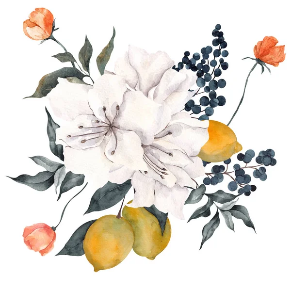 Watercolor Illustration Delicate Flowers Citrus Lemon Tangerine Isolated White Background — Stock Photo, Image