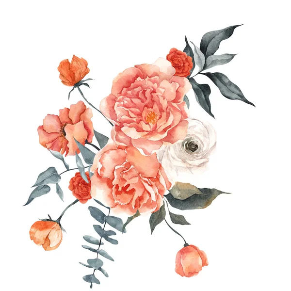 Illustration Aquarelle Avec Fleurs Délicates Agrumes Citron Mandarine Isolé Sur — Photo