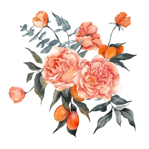 Watercolor Illustration Delicate Flowers Citrus Lemon Tangerine Isolated White Background — Stock Photo, Image