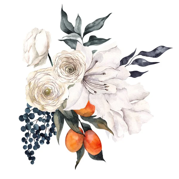 Watercolor Illustration Delicate Flowers Citrus Lemon Tangerine Isolated White Background — Stock Photo, Image