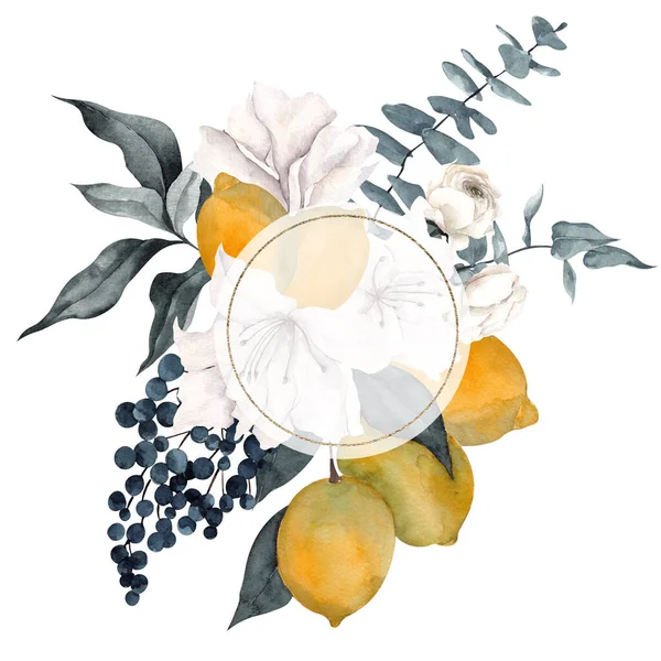 Watercolor Frame Citrus Lemon Tangerine Elegant Flowers Isolated White Background — Stock Photo, Image