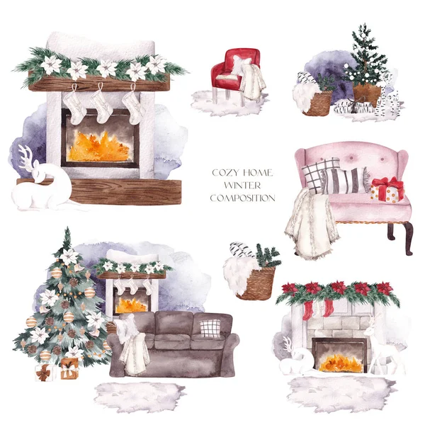 Acogedora Casa Ilustración Navidad Casa Interior Decoración Aislada Sobre Fondo — Foto de Stock