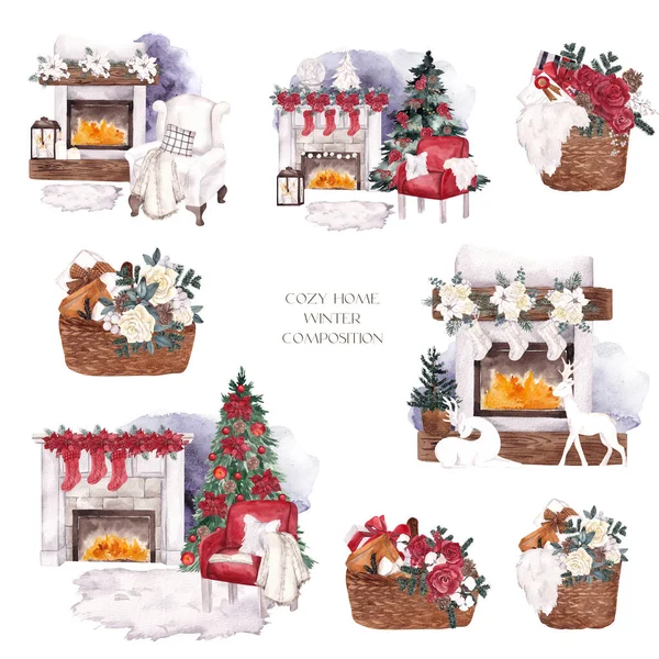 Acogedora Casa Ilustración Navidad Casa Interior Decoración Aislada Sobre Fondo — Foto de Stock
