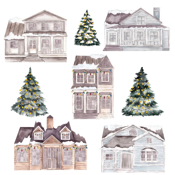 Watercolor illustration with house and Christmas tree, isolated on white background
