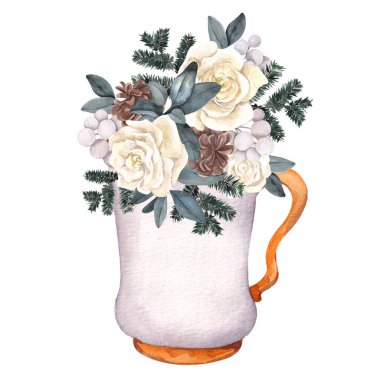 Beyaz arka planda izole edilmiş Noel içeceği, çiçek buketi, fincan ve çiçeklerle suluboya çizimi