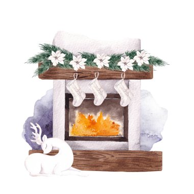 Evde rahat bir Noel çizimi. Evin içi ve dekorasyonu, beyaz arka planda izole edilmiş.