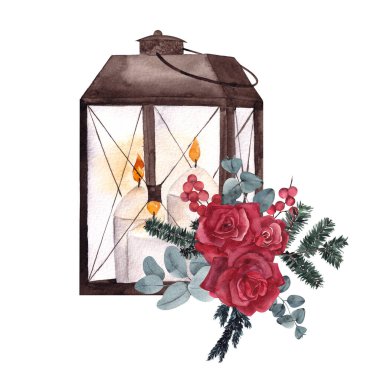 Lambalı suluboya Noel çizimi ve beyaz arka planda izole edilmiş çiçek buketi.