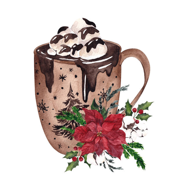 Иллюстрация акварелью с рождественским напитком и цветочным букетом, чашкой и цветами, выделенными на белом фоне