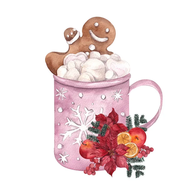 Иллюстрация Акварелью Рождественским Напитком Цветочным Букетом Чашкой Цветами Выделенными Белом — стоковое фото