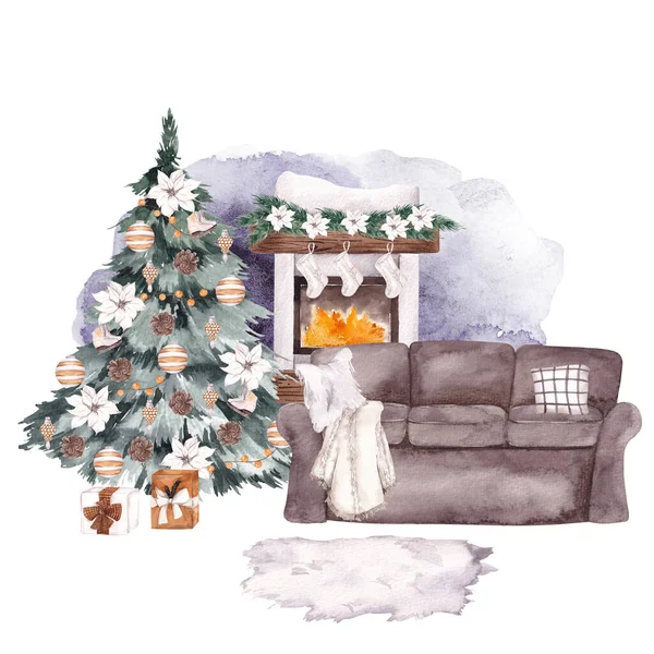 Cozy home Christmas illustration. House interior and decor, isolated on white background