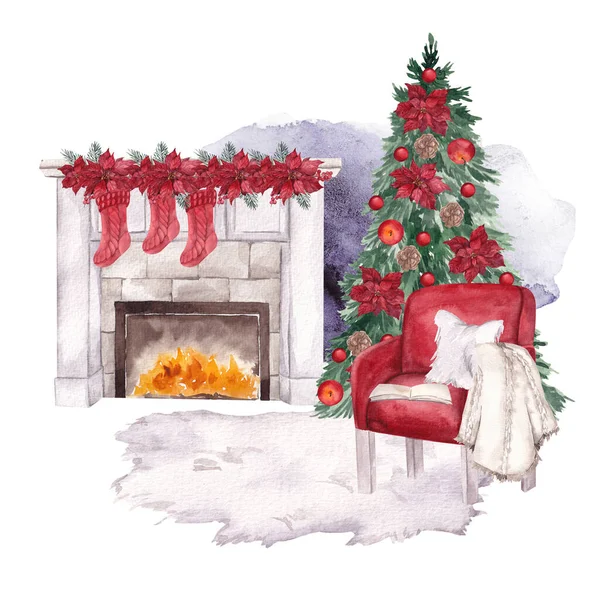 Cozy home Christmas illustration. House interior and decor, isolated on white background