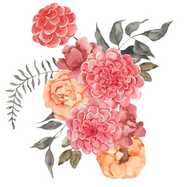 Beyaz arka planda izole edilmiş zarif çiçeklerle suluboya çiçek buketi.