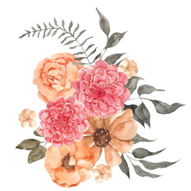 Beyaz arka planda izole edilmiş zarif çiçeklerle suluboya çiçek buketi.