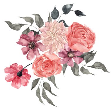 Beyaz arka planda izole edilmiş zarif çiçeklerle suluboya çiçek buketi.