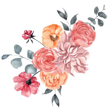 Beyaz arka planda izole edilmiş zarif çiçeklerle suluboya çiçek buketi.