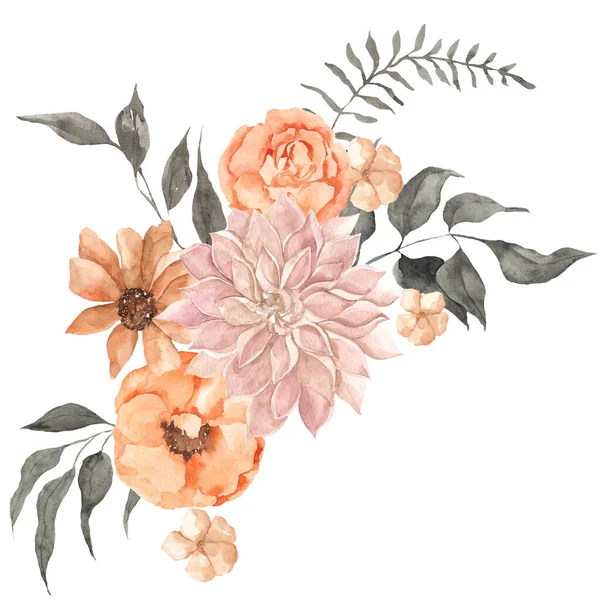Akvarell Blommig Bukett Med Elegante Blommor Isolerad Vit Bakgrund — Stockfoto