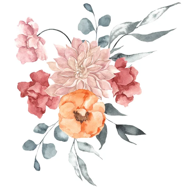 Buquê Floral Aquarela Com Flores Elegantes Isolado Fundo Branco — Fotografia de Stock