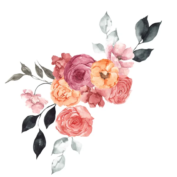 Aquarel Bloemenboeket Met Elegante Bloemen Geïsoleerd Witte Achtergrond — Stockfoto