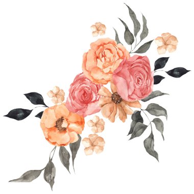 Beyaz arka planda izole edilmiş zarif çiçeklerle suluboya çiçek buketi.