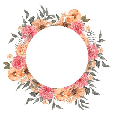 Zarif çiçekli suluboya çerçeve, yapraklar ve soyut grafik şekil, beyaz arkaplanda izole