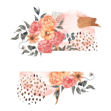 Zarif çiçekli suluboya çerçeve, yapraklar ve soyut grafik şekil, beyaz arkaplanda izole