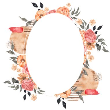 Zarif çiçekli suluboya çerçeve, yapraklar ve soyut grafik şekil, beyaz arkaplanda izole
