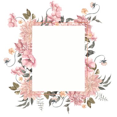 Zarif çiçekli suluboya çerçeve, yapraklar ve soyut grafik şekil, beyaz arkaplanda izole