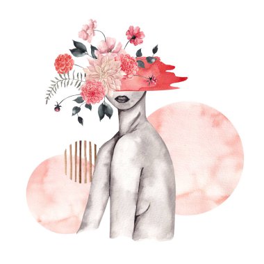 Kadın silueti, çiçek buketi ve soyut şekilli suluboya çizimler, beyaz arka planda izole edilmiş.