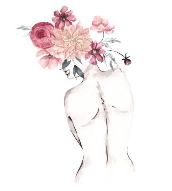 Beyaz arka planda izole edilmiş, kadın silueti ve çiçek buketli suluboya çizimler. Kadın ve çiçek, modern grafik.