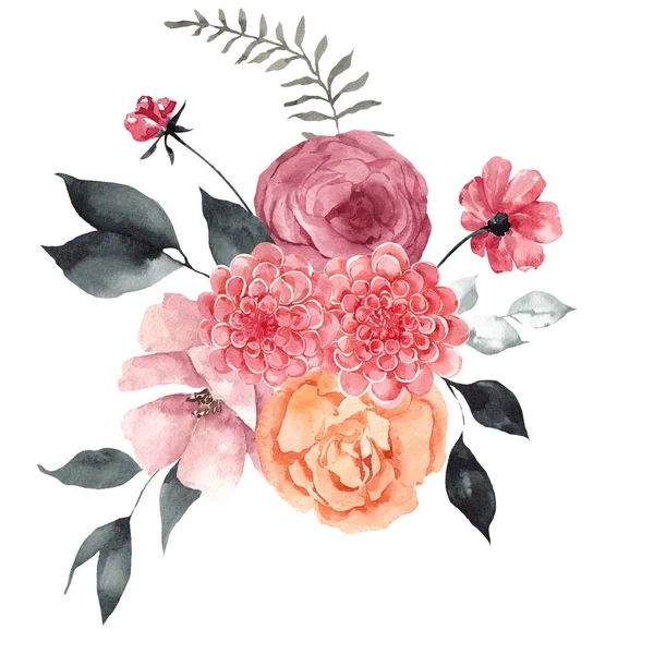 Aquarel Bloemenboeket Met Elegante Bloemen Geïsoleerd Witte Achtergrond — Stockfoto