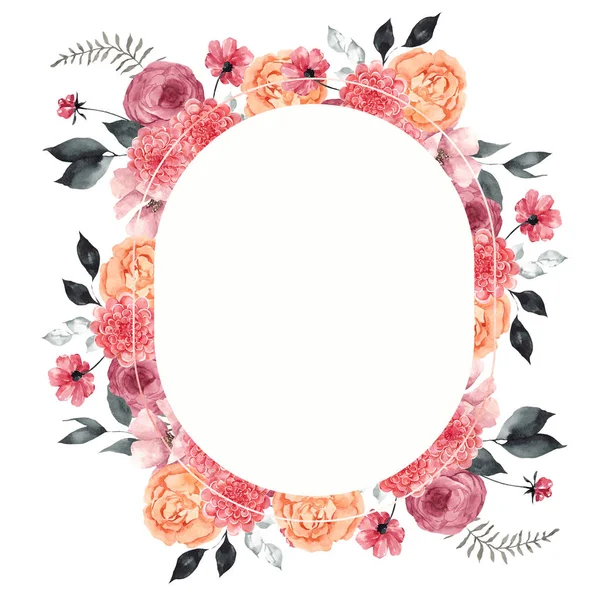 Rama Akwareli Eleganckimi Kwiatami Liśćmi Abstrakcyjnym Kształtem Graficznym Odizolowana Białym — Zdjęcie stockowe
