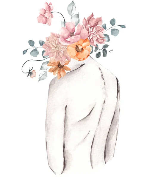 Watercolor illustration with female silhouette and floral bouquet, isolated on white background. Woman and flower, modern graphic.
