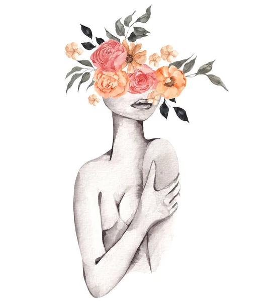 실루엣과 꽃향기가 부케가 삽화가 배경에 고립되어 여인과 그래픽 — 스톡 사진