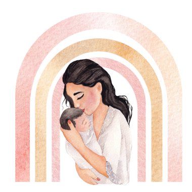 Suluboya Anneler Günü illüstrasyonu. Güzel anne, hamile, kadın ve çocuklar, beyaz arka planda soyutlanmış.