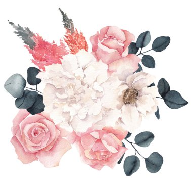 Zarif çiçek ve yapraklarla suluboya buketi, beyaz arka planda izole.