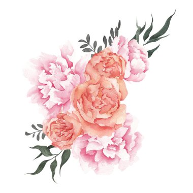 Zarif çiçek ve yapraklarla suluboya buketi, beyaz arka planda izole.