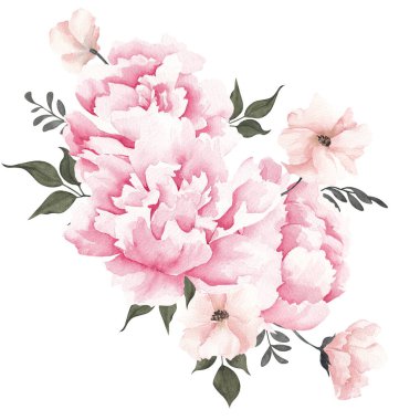 Zarif çiçek ve yapraklarla suluboya buketi, beyaz arka planda izole.