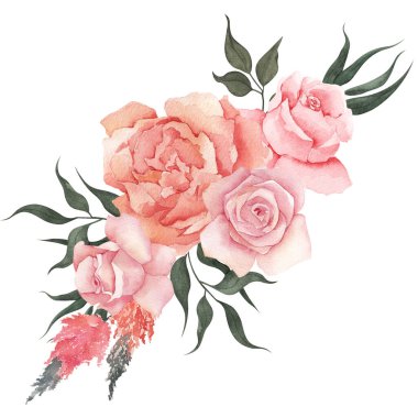 Zarif çiçek ve yapraklarla suluboya buketi, beyaz arka planda izole.