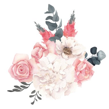 Zarif çiçek ve yapraklarla suluboya buketi, beyaz arka planda izole.